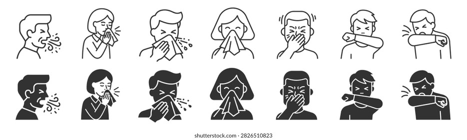 Outline and solid style icons of people sneezing coughing and covering mouth with tissue and elbow vector illustration on transparent background