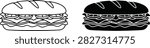 Outline and solid vector icons of a long sub sandwich featuring fresh fillings like cheese tomatoes and lettuce