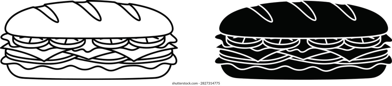 Outline and solid vector icons of a long sub sandwich featuring fresh fillings like cheese tomatoes and lettuce