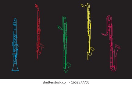 Outline soprano, alto, contra alto, bass and contrabass clarinets isolated on black background. Musical instrument for template or art school dictionary illustration