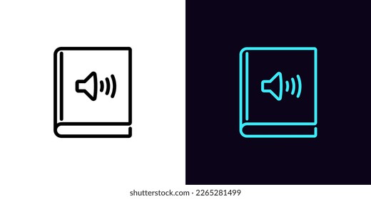 Icono del libro de sonido de contorno, con trazo editable. Libro de voz con signo de altavoz, pictograma digital de audiolibro. Diccionario de sonido, ebook de escucha, manual musical, biblioteca de audio. Icono de vector para animación