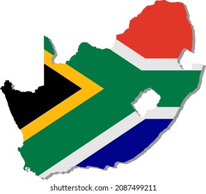 A Outline Of South Africa Filled With The Pattern Of Its National Flag In Multiple Colors Symbolizing The Convergence As One Unified Nation.  