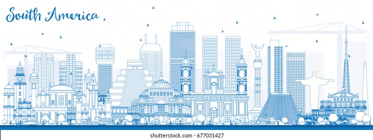 Outline South America Skyline with Famous Landmarks. Vector Illustration. Business Travel and Tourism Concept. Image for Presentation, Banner, Placard and Web Site.