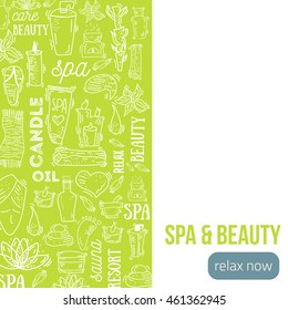 Outline Spa & Beauty banner design with typography. Natural cosmetics set with bottles, candles, cream, stones.