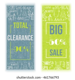 Outline Spa & Beauty colorful banner design with typography. Natural cosmetics set bottles, candles, cream, stones