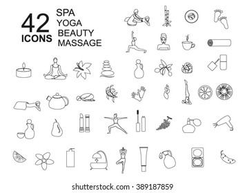 Outline Spa icons vector set. Line elements Massage, Beauty, Spa, Yoga for your design. Set of Thin line signs Yoga, Spa Beauty, Massage  for yoga class, spa salon, massage salon vector illustration. 