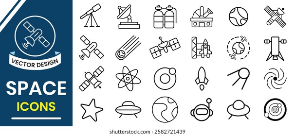 Outline of Space icons, vector set. Space, Astronomy line icon set. Sun, galaxy, earth, moon, space planet, rocket astronaut, satellite, astronaut, robot, alien minimal vector illustrations.