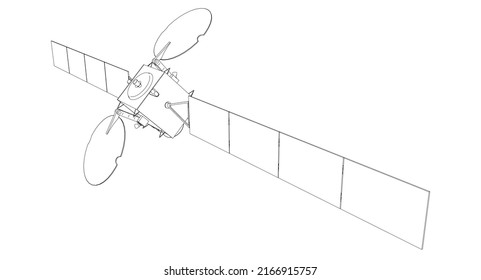 Umriss eines Raumsatelliten aus schwarzen Linien einzeln auf weißem Hintergrund. Vektorgrafik.