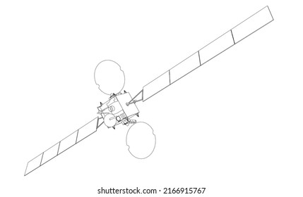 Outline of a space satellite from black lines isolated on a white background. Vector illustration.