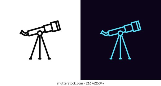 Outline space telescope icon, with editable stroke. Monocular spyglass sign, planetarium pictogram. Cosmos exploration and universe discovery, space observatory. Vector icon for UI and Animation
