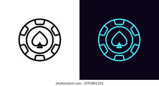 Outline spade chip icon, with editable stroke. Poker chip with spade heart, casino club. Gamble sport, poker game, casino token win, gaming chip, gambling roulette game, money reward. Vector icon