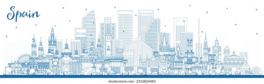 Outline Spain City Skyline with Blue Buildings. Vector Illustration. Modern and Historic Architecture. Spain Cityscape with Landmarks. Madrid. Barcelona. Valencia. Seville. Zaragoza.