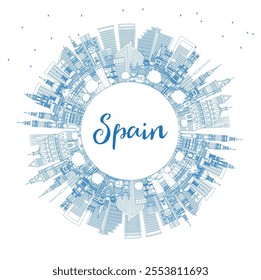 Outline Spain City Skyline with Blue Buildings and Copy Space. Vector Illustration. Modern and Historic Architecture. Spain Cityscape with Landmarks. Madrid. Barcelona. Valencia. Seville. Zaragoza.