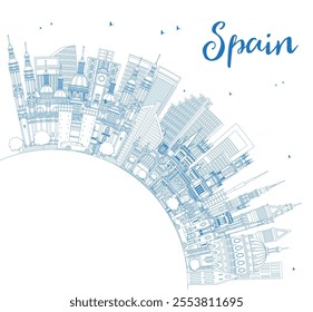 Outline Spain City Skyline with Blue Buildings and Copy Space. Vector Illustration. Modern and Historic Architecture. Spain Cityscape with Landmarks. Madrid. Barcelona. Valencia. Seville. Zaragoza.