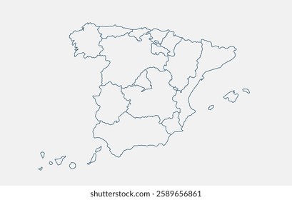 Outline Spain map isolated on white background. Spain map. Spain map outline template. Editable Spain map outline with autonomous community divisions. Vector illustration