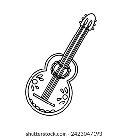 Outline Spanish guitar with Mexican, Aztec ornaments, vector illustration. Hand drawn music acoustic instrument for traditional festival. Hispanic culture musical element. Poplar folk for celebration