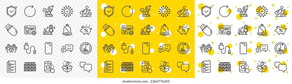 Esbozo español, Usb stick e iconos de la línea de votaciones de votación empaquen para web con Hold box, Podcast, icono de la línea de emoción Happy. Configuración web, sin trabajo, icono del pictograma del cable de carga. Vector