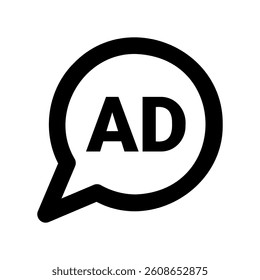 Outline speech bubble containing AD text symbol for marketing communication clearly