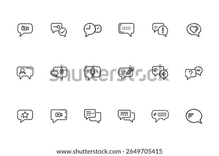 Outline speech bubble icons with various symbols including camera, check, time, microphone, heart, star