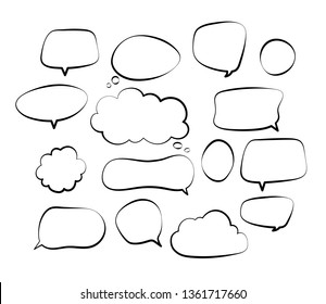 Outline speech bubbles. Doodle speech balloon sketch hand drawn scribble bubble talk cloud comic line retro shouting shapes vector set