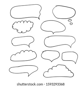 Outline speech bubbles. Doodle speech balloon sketch hand drawn scribble bubble talk cloud comic line retro shouting shapes vector set