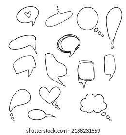 Outline speech bubbles. Doodle speech balloon sketch hand drawn scribble bubble talk cloud comic line retro shouting shapes vector set