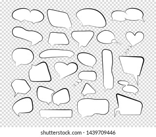 Outline speech bubbles. Set doodle speech balloon sketch hand drawn scribble bubble on a transparent background. Talk cloud comic line retro shouting shapes. Vector