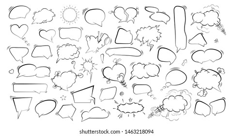 Outline speech bubbles. Set doodle speech balloon sketch hand drawn scribble bubble. Talk cloud comic line retro shouting shapes. Vector illustration