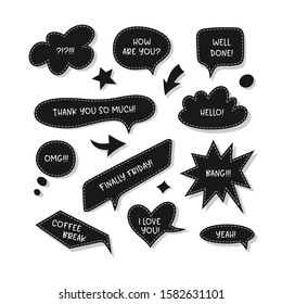 Outline speech bubbles set. Hand drawn doodle style speech bubble talk balloon comic shapes. Vector illustration.