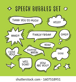 Outline speech bubbles set. Hand drawn doodle style speech bubble talk balloon comic shapes. Vector illustration.