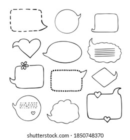 Outline speech bubbles set hand drawn in simple doodle style cartoon shapes stickers for St Valentine holiday design