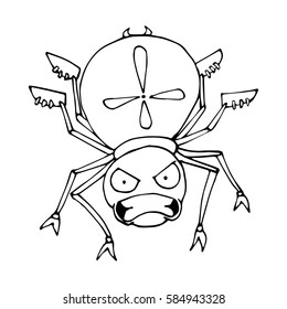 The outline of a spider in a cartoon style. A sketch of the insect. Vector isolated image. The emotion of anger.