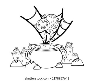 outline spider character in the spiderweb with pot cauldron