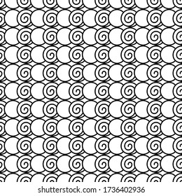 Esquema de patrón sin soldadura de espiral. Resumen Textura Interminable Con Muchas Formas Redondas. Espirales Y Círculos Alternativos En La Cuadrícula. Papel De Techo Negro Y Blanco Con Estilo De Arte Zen. Ilustración del vector monocromo.