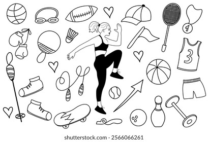 Outline sport and doodle icons isolated on the white background. Skateboard, racket, jump rope, skittles, shuttlecock and other sports equipment.