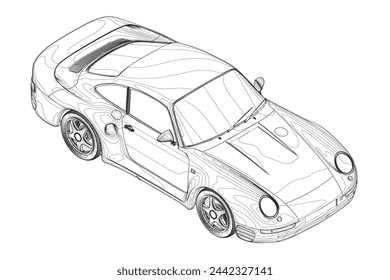 Outline of a sports car made of black lines isolated on a white background. Isometric view. Vector illustration.
