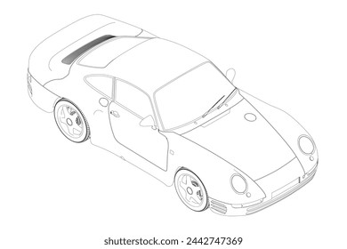 Outline of a sports car made of black lines isolated on a white background. Isometric view. Vector illustration.