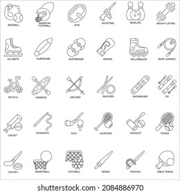 Outline Sports equipment flat vector icon collection set