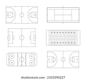 Outline sports fields and courts basketball tennis football soccer ice hockey. Vector illustration.