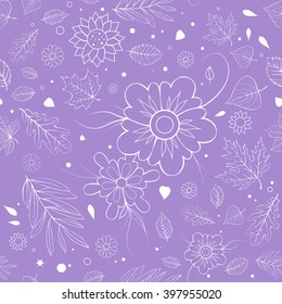 Outline spring floral seamless background. Seamless pattern with flowers and leaves.
