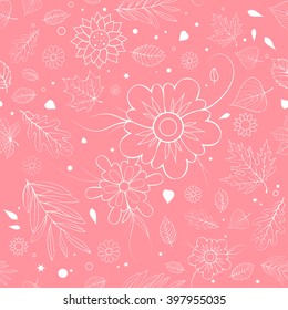 Outline spring floral seamless background. Seamless pattern with flowers and leaves.