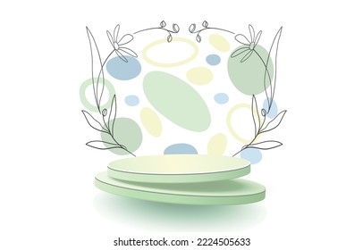 Outline Spring Flowers Podium stand for cosmetics presentation. Outline Vector scene for product with green shapes on white background