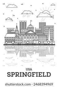 Outline Springfield Illinois City Skyline with Modern Buildings and Reflections Isolated on White. Vector Illustration. Springfield USA Cityscape with Landmarks.