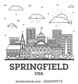 Outline Springfield Illinois City Skyline with Modern and Historic Buildings Isolated on White. Vector Illustration. Springfield USA Cityscape with Landmarks.