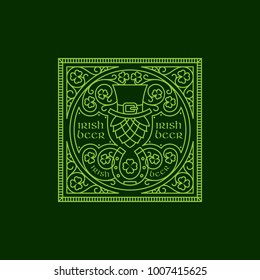 Outline square badge with a hop in a hat, horseshoe, shamrock leaves, floral ornament. Vector illustration.