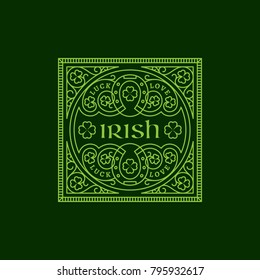 Outline square badge with horseshoes, shamrock leaves, floral ornament. Vector illustration.