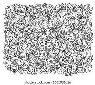 Outline square floral pattern in mehndi style for coloring book page. Antistress for adults and children. Doodle ornament in black and white. Hand draw vector illustration.