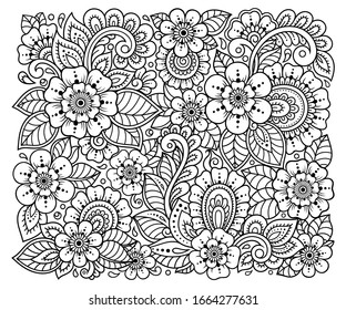 Outline square floral pattern in mehndi style for coloring book page. Antistress for adults and children. Doodle ornament in black and white. Hand draw vector illustration.