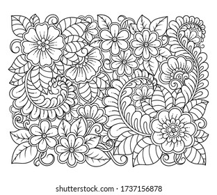 Outline square floral pattern in mehndi style for coloring book page. Antistress for adults and children. Doodle ornament in black and white. Hand draw vector illustration.