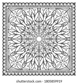 Esquema de patrón floral cuadrado en estilo mehndi. ornamento de garabato en blanco y negro. ilustración de dibujo a mano.